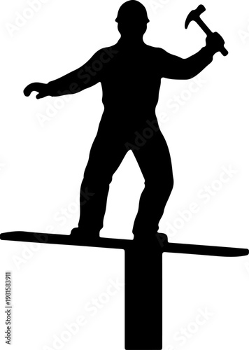 Construction worker silhouette holding hammer, carpenter balancing on high beam vector, industrial builder working on steel girder structure