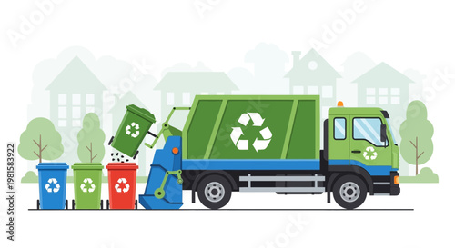 Garbage truck collecting recycling bins on a suburban street with houses and trees