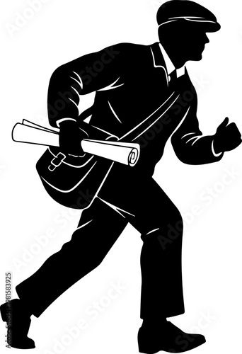 Vintage newsboy silhouette running with newspaper, retro paperboy delivery man vector illustration, classic 1920s style courier with satchel bag