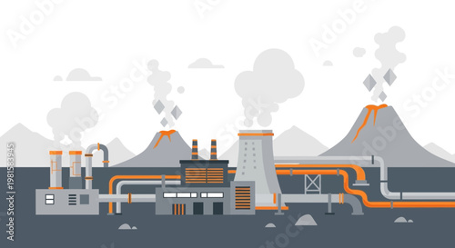 Geothermal Power Plant with Volcanic Activity and Steam Emissions