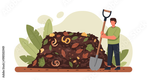 Gardener turning compost pile with shovel, organic waste, leaves, and garden debris