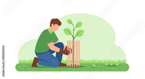 Gardener plants young tree seedling with protective guard in green garden