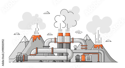 Geothermal Power Plant in Mountain Landscape with Steam and Pipes