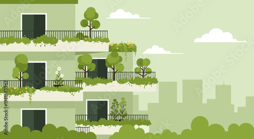 Green apartment building with balconies full of plants and trees, urban gardening concept