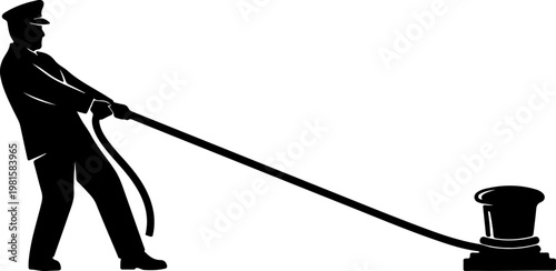 Nautical sailor silhouette pulling rope on dock, maritime worker mooring ship with bollard, harbor laborer in uniform vector illustration