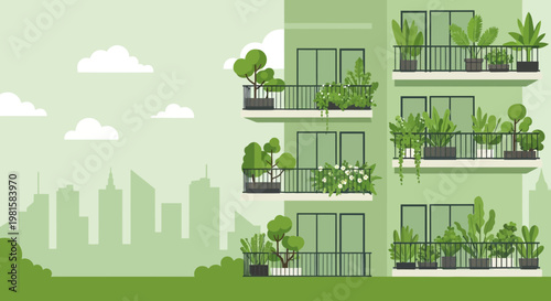 Green building with lush balconies full of plants, urban cityscape background, eco-friendly living concept