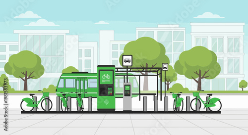 Green bike sharing station with modern city buildings and public transport