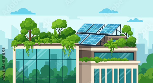 Green building with rooftop garden and solar panels, eco-friendly urban architecture