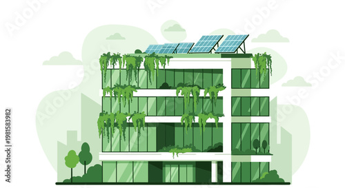 Green building with solar panels and vertical gardens, eco-friendly architecture