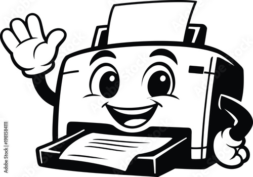 Cute Printer Cartoon Character Waving with Paper Print Illustration