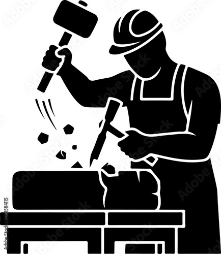 Stonemason silhouette vector icon, construction worker with hammer and chisel, manual labor stoneworker carving stone, industrial masonry craft