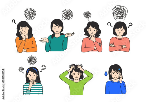 Set of young woman characters expressing various negative emotions including stress, confusion, anxiety, and frustration. Vector illustration for mental health concepts.