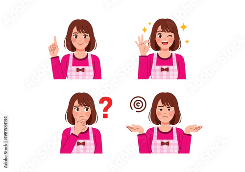 Set of Cartoon Woman in Apron Showing Different Facial Expressions and Gestures - Vector Illustration of Housewife Thinking, OK Sign, Idea, and Confusion