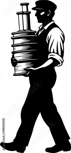 Vintage woodcut delivery man carrying heavy stack of goods, retro worker silhouette in linocut style, antique porter illustration for logistics