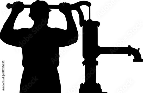 Vintage water pump silhouette, manual hand pump with worker, antique cast iron well pump vector, rural farming and irrigation equipment icon