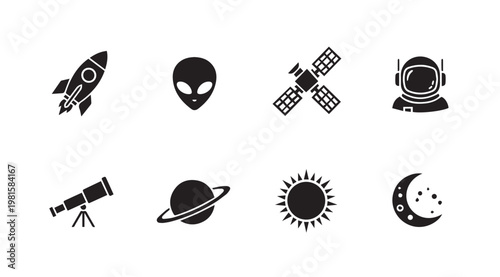 Space exploration icons in a flat silhouette design on white background