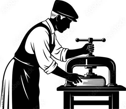 Vintage printer man operating a manual printing press, retro woodcut style bookbinder vector, black and white industrial worker illustration