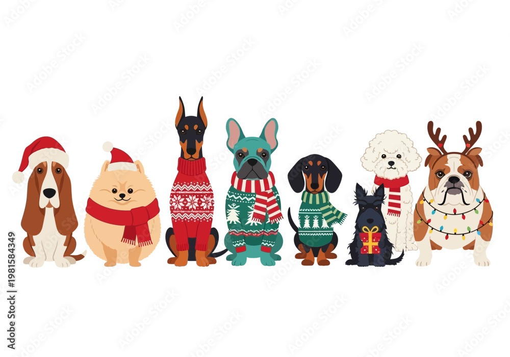 Fototapeta premium Group of Different Dog Breeds in Festive Christmas Outfits and Sweaters Illustration