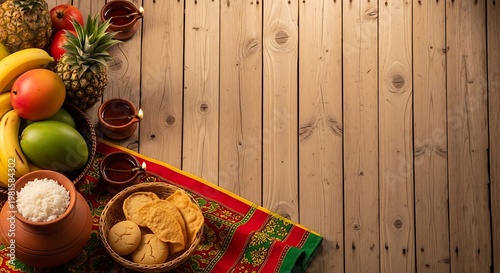 Traditional Sri Lankan New Year Food Table with Tropical Fruits Milk Rice and Oil Lamps on Wooden Background