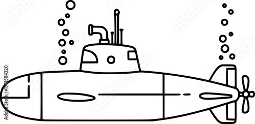 Simple line of a submarine with bubbles rising underwater ocean