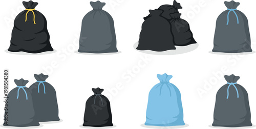 Garbage bag collection with tied trash sacks in different shapes and colors, cartoon style waste disposal vector set isolated on background