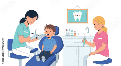 A friendly pediatric dentist and her assistant perform a routine dental examination on a young boy sitting in a blue chair within a bright clinic setting.