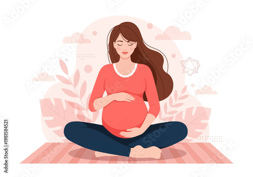 Pregnant Woman Meditating and Practicing Prenatal Yoga in Lotus Pose, Serene Flat Style Illustration for Maternity Wellness and Mental Health
