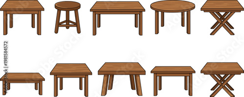 Wooden table and stool vector collection with different shapes and styles, rustic furniture illustration set including round, square and folding tables