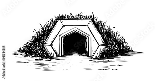 Hand drawn of a geometric entrance to a burrow surrounded by grass a white background