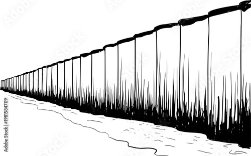 Hand-drawn black and white of a long, receding fence line with tall grass and a wavy path