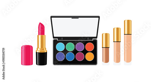 A vibrant eyeshadow palette featuring eight colorful shades is displayed alongside a bright pink lipstick and three bottles of liquid foundation on white.