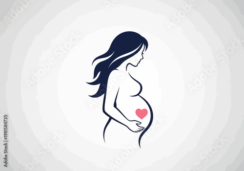 Minimalist Pregnant Woman Silhouette with Pink Heart Icon - Maternity and Motherhood Vector Illustration