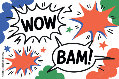 Pop art speech bubbles with words WOW and BAM and explosion graphics on transparent background.