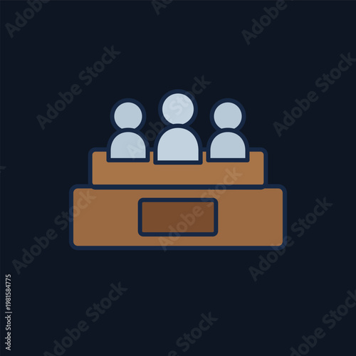 Jury panel icon, judges sitting behind desk, courtroom decision concept, legal system illustration