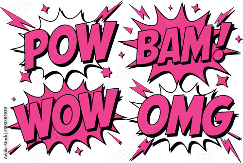 Retro comic book sound effect words POW BAM WOW OMG with explosion elements vector art.