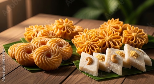 Traditional Sri Lankan New Year Sweets Kokis and Kiribath with Cashews Served on Banana Leaves