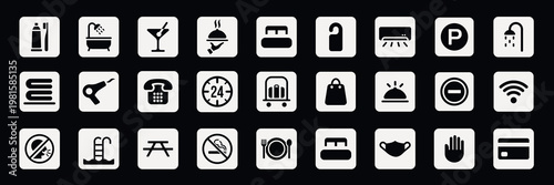 Hotel icons set with symbols for amenities like Wi-Fi, parking, pool, and room service. Includes icons for shower, towels, and dining. Perfect for hotel guides. User interface icon vector set.