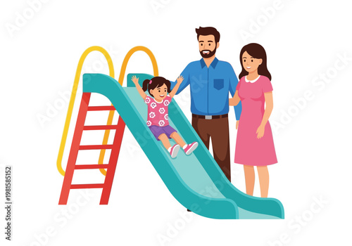 Happy Family at Playground Vector Illustration: Father, Mother and Young Daughter Playing on a Slide, Isolated on White Background