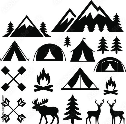 Camping tent icons and campsite symbols