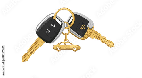 Two sophisticated black car key fobs featuring ornate gold-plated metal keys and a matching car-shaped keychain rest against a clean white background area.