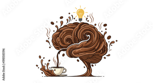 A dynamic brain composed of swirling dark coffee liquid splashes into a porcelain cup while a glowing yellow lightbulb shines brightly above the structure.