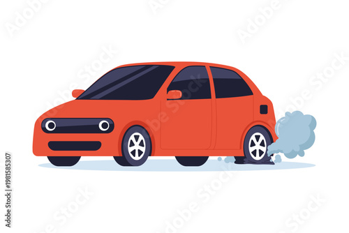 Red Car with Flat Tire and Smoke Illustration. A modern red car experiencing a flat tire with a small puff of smoke, representing automotive trouble or maintenance needs