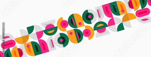 Colorful abstract shapes form repeating pattern. Geometric elements create playful visual texture. Bright hues dominate composition.