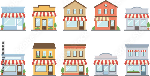 Flat design storefront buildings collection with striped awnings, small shops and cafes, colorful urban street facade vector set isolated on background