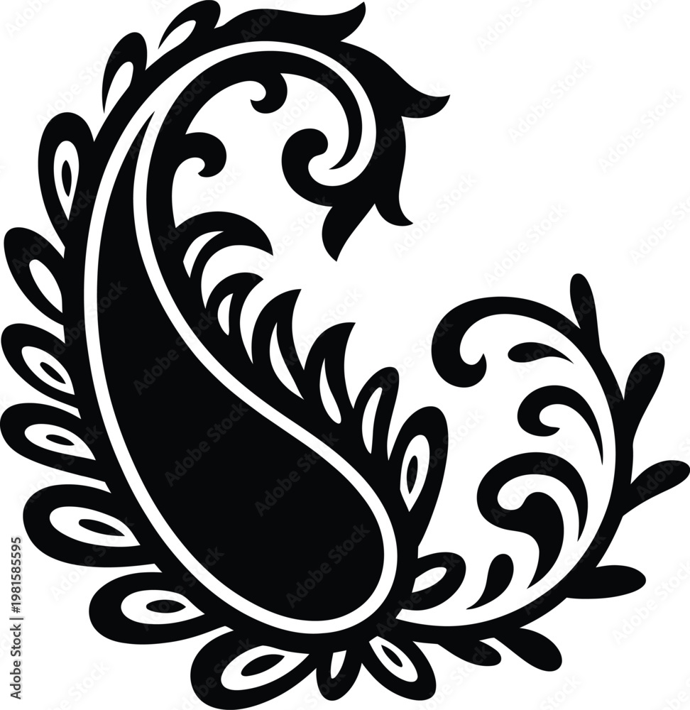 Fototapeta premium Traditional paisley motif silhouette with ornamental floral swirls for ethnic textile design wedding invitations and decorative eastern patterns.