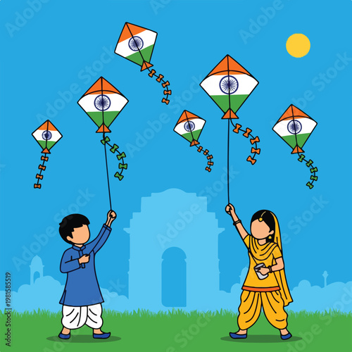 An Indian boy and girl fly tricolor kites against the India Gate silhouette sky