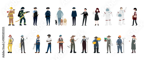 Illustration of diverse professions including firefighter, police, astronaut, farmer, and chef. Features various uniforms and tools representing each occupation. Element vector set.