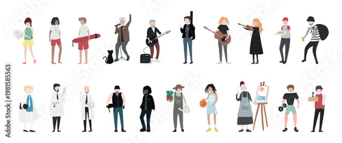 Illustration of diverse people in various professions, including musicians, artists, and scientists, showcasing different activities and roles in society. Element vector set.