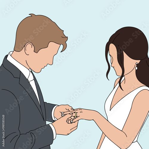 Groom in grey suit placing a gold ring on bride's finger in white dress art