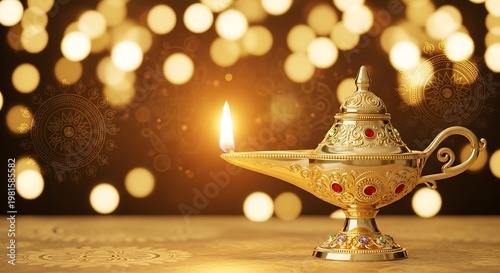 Ornate Golden Oil Lamp with Burning Flame Against a Warm Bokeh Background and Mandala Patterns